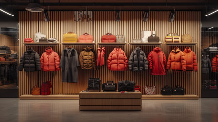 Large empty stand mockup for advertising in a store with men's jackets.の素材