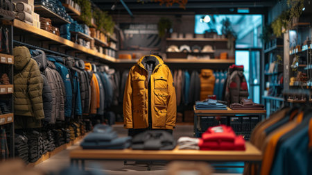 Large empty stand mockup for advertising in a store with men's jackets.の素材