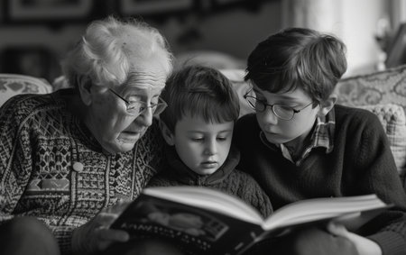 grandparents and their children reading stories to their grandchild.の素材