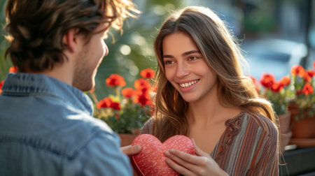 man gives his beloved girlfriend a heart-shaped box.の素材