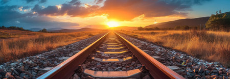 railroad tracks are on a sunset background.の素材