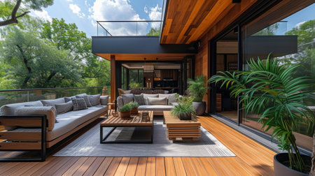 Stylish Terrace with Wood Deck Flooring.の素材