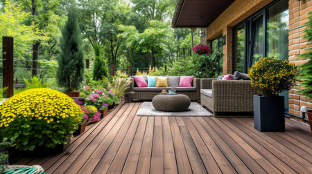 Stylish Terrace with Wood Deck Flooring.の素材