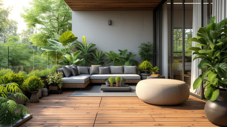 Stylish Terrace with Wood Deck Flooring.の素材