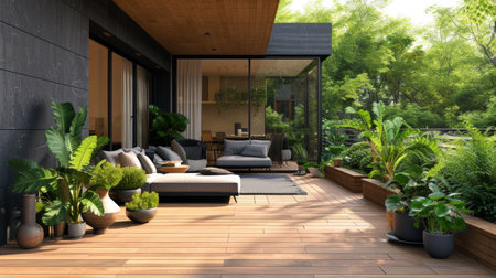 Stylish Terrace with Wood Deck Flooring.の素材