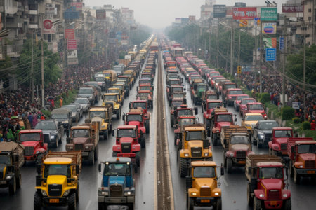 Traffic Jams Caused by Tractor Protests in the City.の素材