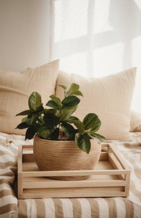 a basket with some plants on a wooden bedの素材