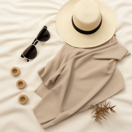 a beach towel, sunglasses and hat are in the sand on a beach.の素材
