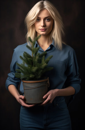 a blonde woman is holding a blue bucket with a small pine tree in the middle of itの素材