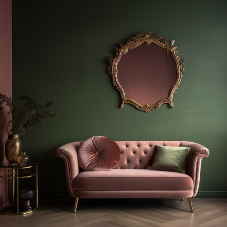 a brown and green sofa, velvet chair and small mirrorの素材