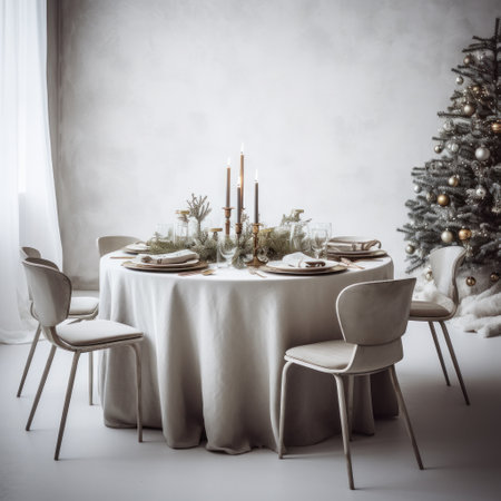 a christmas table and chairs at a white table setting in a minimalist living room setting.の素材