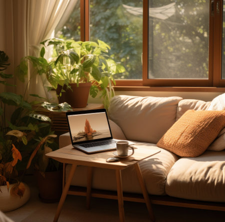 a computer on a couch in a living room with a potted plant.の素材