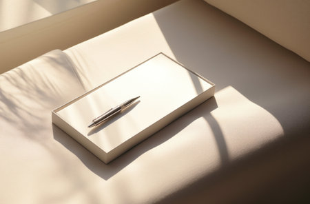 an empty paper box, pen, pens, and a notebook.の素材