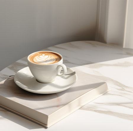 a cup of coffee sits next to a book full of pages.の素材