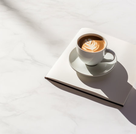 a cup of coffee sits next to a book full of pages.の素材