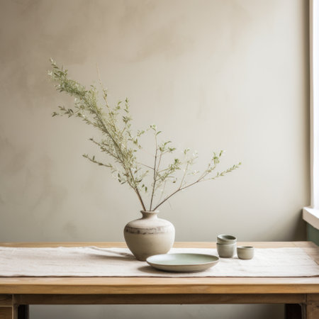 a dining table with a tray containing wintery plants.の素材