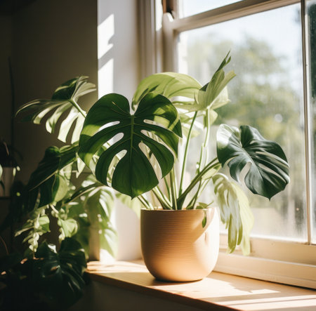 a monstera plant is sitting in a windowの素材