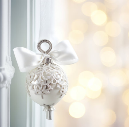 a silver and white Christmas ornament, white keys, white bow.の素材