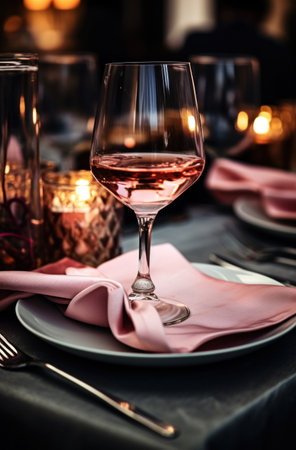 a glass of wine on a table set up with napkins.の素材