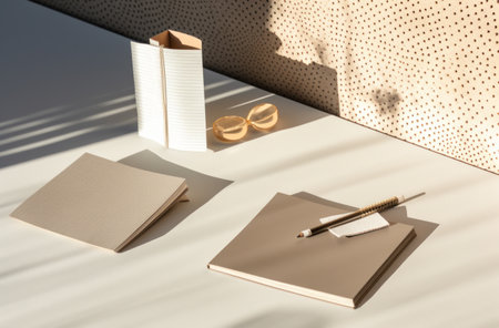 a desk with items like a notebook and gold paper.の素材