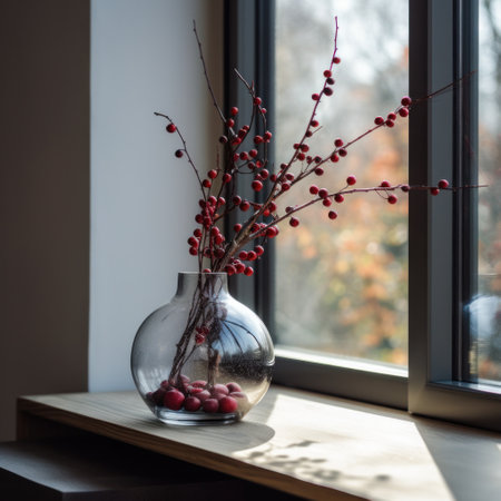 a glass vase with red berries sits atop a wooden window seat.の素材