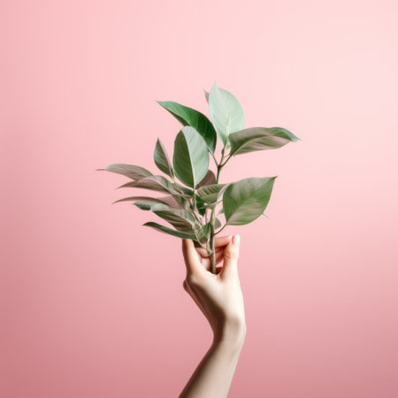 a hand holding a green plant on a pink backdrop.の素材