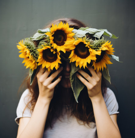 a girl covers her face with sunflowers.の素材