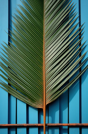 a palm leaf is on a wall close to a fenced in yard with a blue gate.の素材