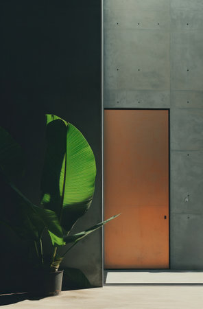 a person standing in front of a door with a leaf stuck.の素材