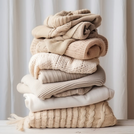 a stack of knit sweaters on an image background.の素材