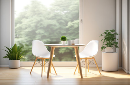 a room with a table, chair and plants in the center.の素材