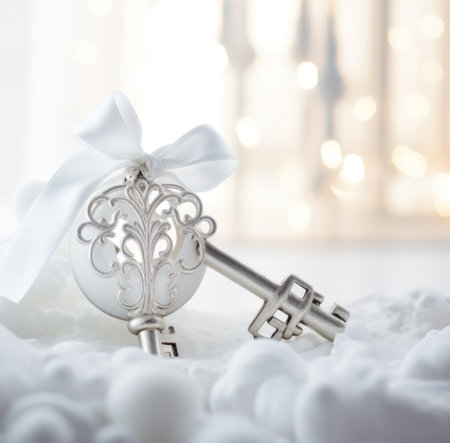 a silver and white Christmas ornament, white keys, white bow.の素材