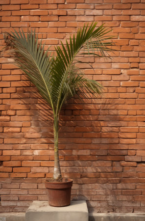 a palm tree sits by a brick wall, leaf patterns.の素材