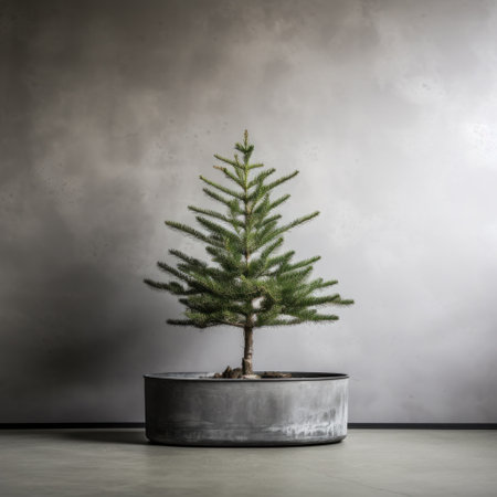 a small Christmas tree with lights in front of an ugly concrete wallの素材