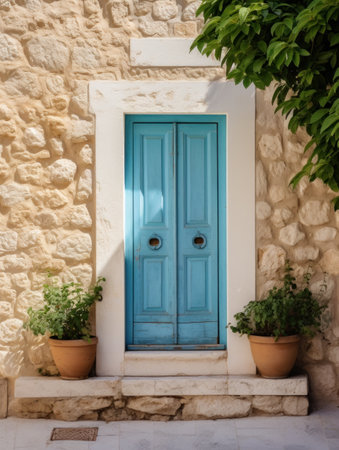 a small green building with a blue door overlooking the streetの素材