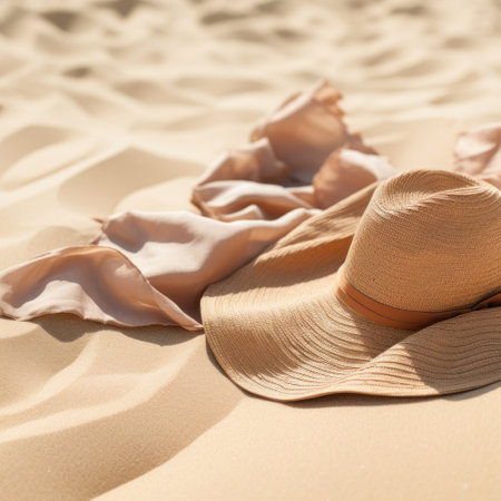 a sun hat and sunglasses sitting on sandの素材