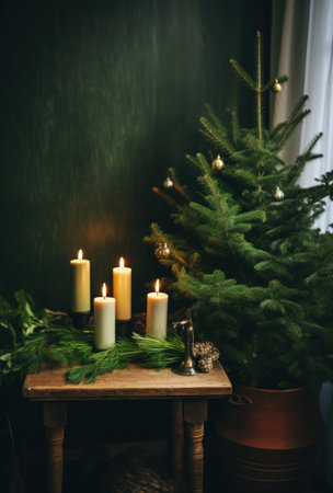 a small Christmas tree in a room with candles and decorationsの素材