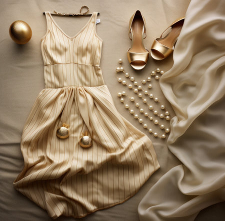 a striped dress and high heels and a necklace laid out on a bed,.の素材
