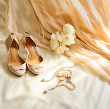 a striped dress and high heels and a necklace laid out on a bed,.の素材