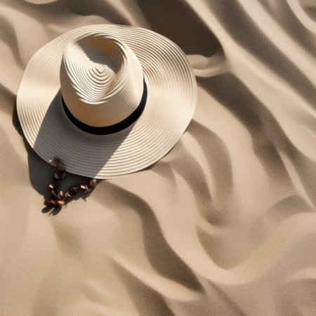 a sun hat and sunglasses sitting on sandの素材
