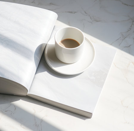 a white cup of coffee sitting next to a book.の素材