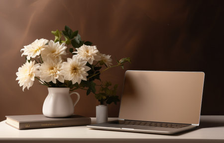 a white vase next to a laptop computer in a space.の素材