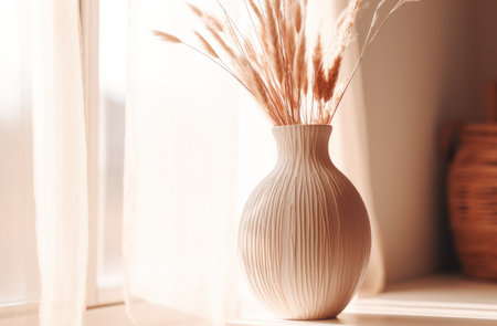 a terracotta vase with dried grass next to it.の素材