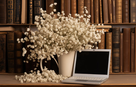 a vase of confetti near a laptop computer and books.の素材