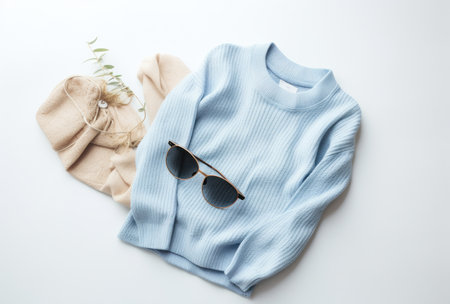 a sweater jeans and a pair of sunglasses.の素材