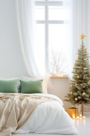 a white bedroom with a Christmas tree and decorations are arranged in a rustic wayの素材