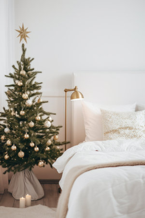 a white bedroom with a Christmas tree and decorations are arranged in a rustic wayの素材