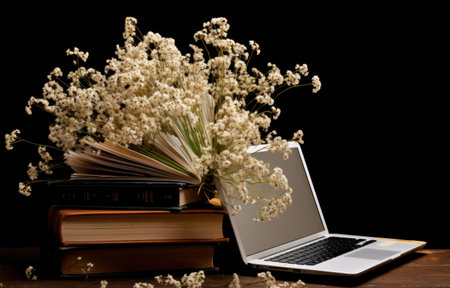 a vase of confetti near a laptop computer and books.の素材