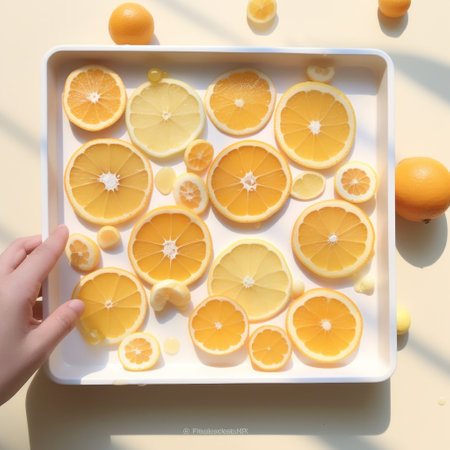a white tray containing fruit pieces with many oranges.の素材