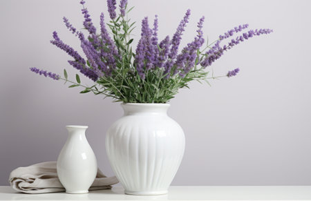 a white vase with lilas are sitting on top of a dresser table.の素材